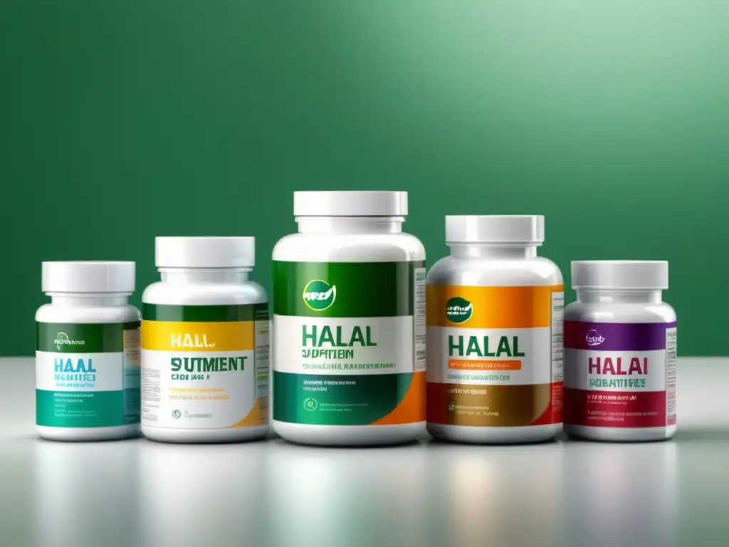 Una variedad de suplementos Halal para nutrición, en envases coloridos y vibrantes, perfectamente organizados en un elegante mostrador blanco