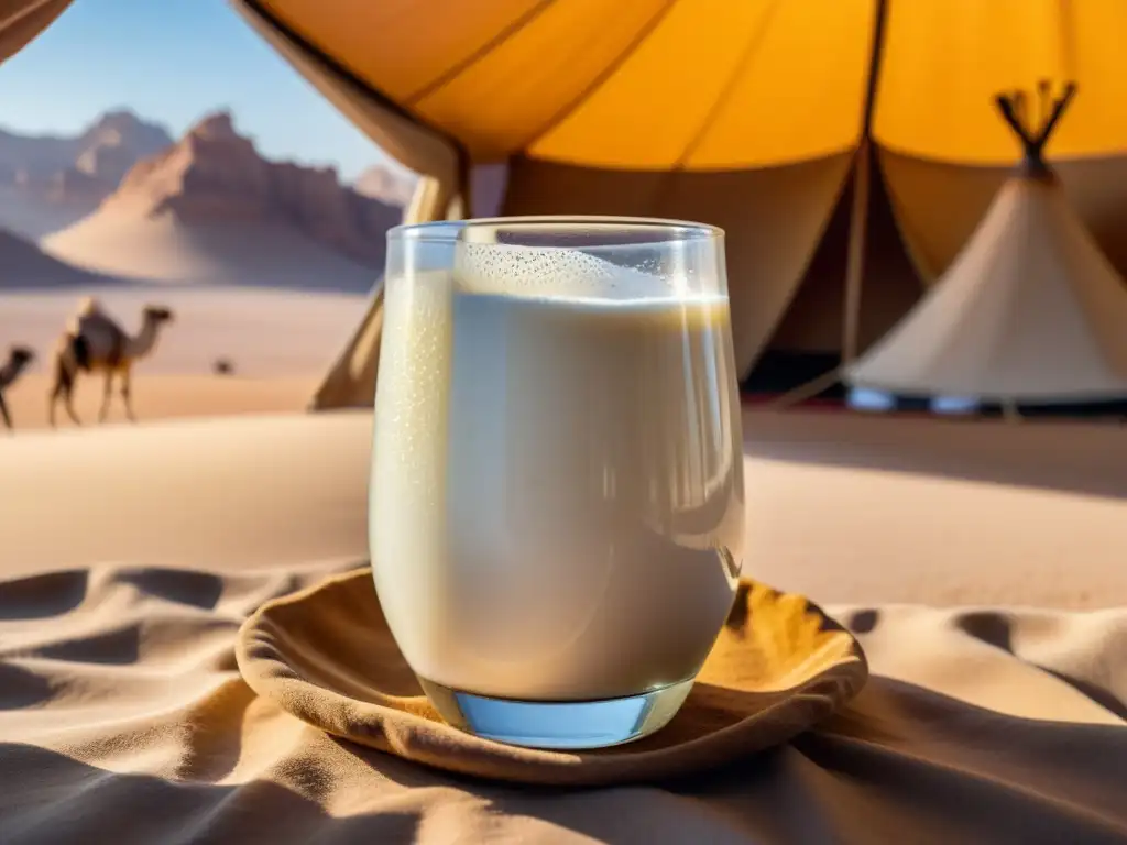 Un vaso de leche de camella espumosa en una tienda nómada islámica en el desierto, destacando los beneficios de la leche de camella