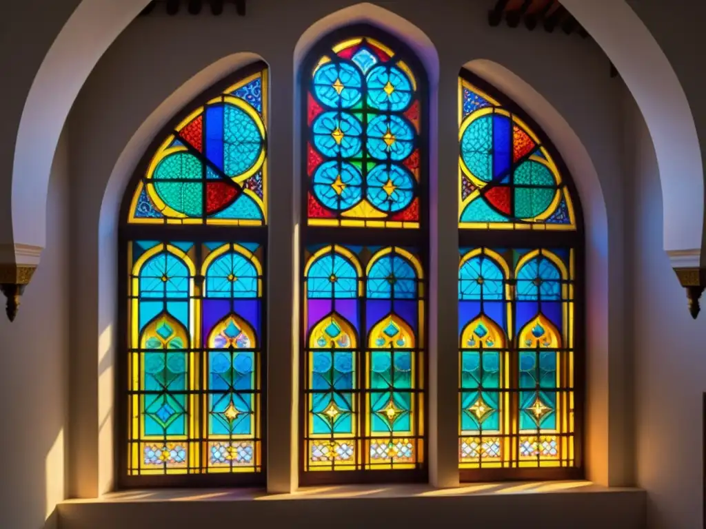 Ventana de vidrio en mezquita histórica con patrones geométricos vibrantes y reflejos de luz, evocando espiritualidad en el arte islámico