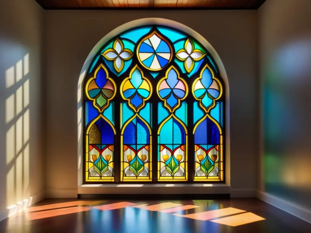 Una ventana de vidrio pintada que refleja la prosa sufí como espejo, con colores vibrantes y patrones intrincados