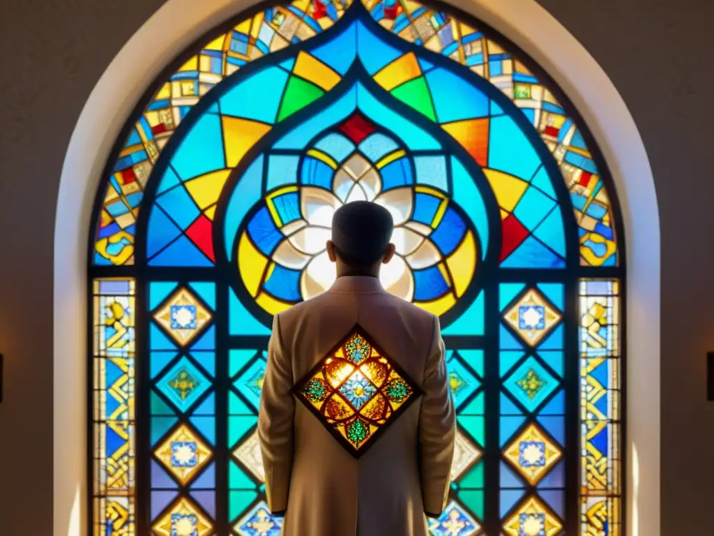 Ventana de vitral en mezquita histórica con metáforas espirituales de la luz y coloridos patrones geométricos