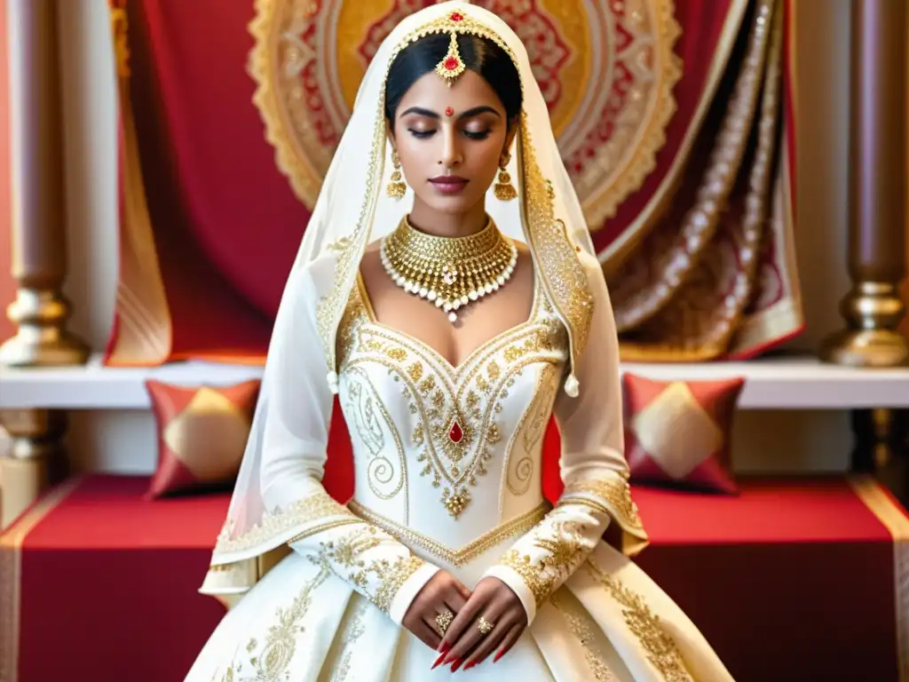 Vestimenta nupcial musulmana significado: Vestido de novia blanco y dorado con velo, bordados, en maniquí con telas rojas y doradas al fondo