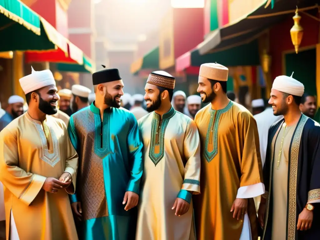 Escena vibrante: Hombres con trajes islámicos en el zoco Vestuario tradicional masculino islámico: Hombres conversando en bullicioso mercado con vestimenta islámica, colores vibrantes y patrones