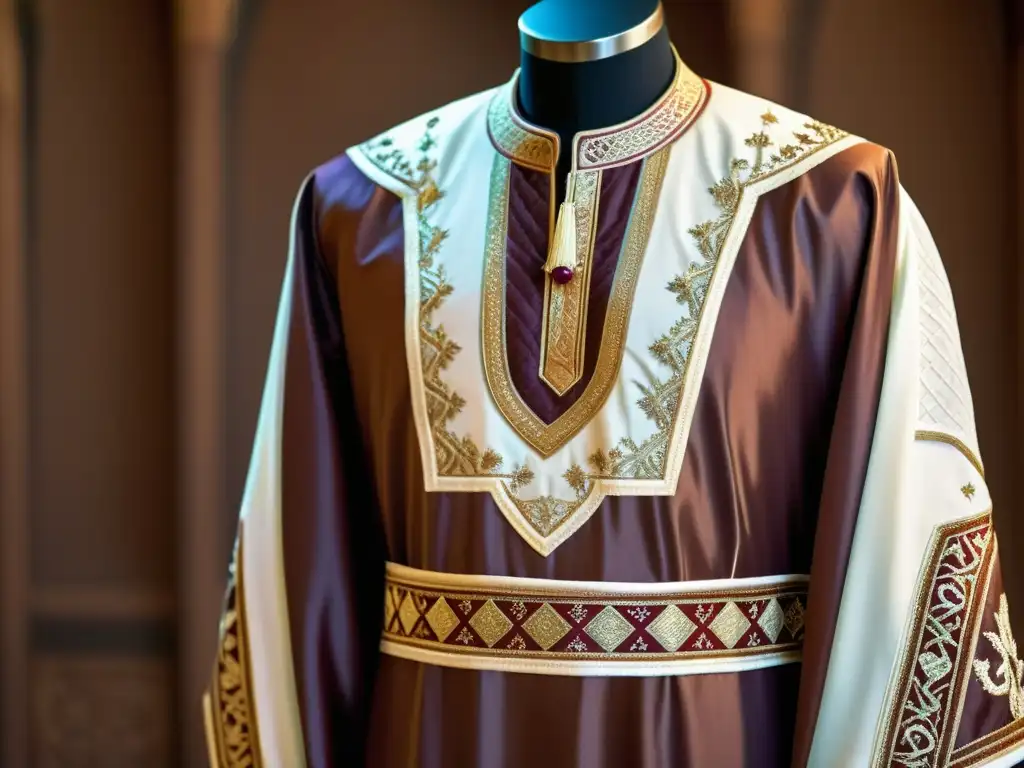 Traje islámico masculino: jalabiya bordada en tonos terrosos Vestuario tradicional masculino islámico con jalabiya finamente bordada en tonos terrosos, accesorios elegantes y detalles culturales