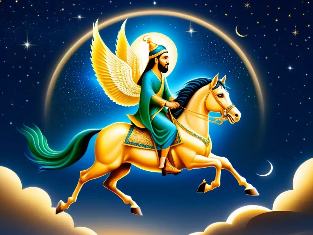 Viaje celestial Isra y Mi'raj Islam: El Profeta Muhammad cabalga el Buraq hacia el cielo nocturno, rodeado de un resplandor celestial