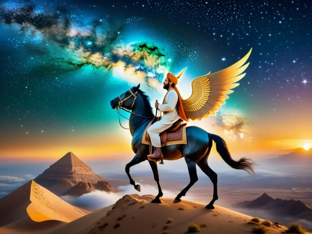 Prophet Muhammad en Viaje celestial Isra y Mi'raj Islam, rodeando el Buraq entre galaxias y nebulosas vibrantes