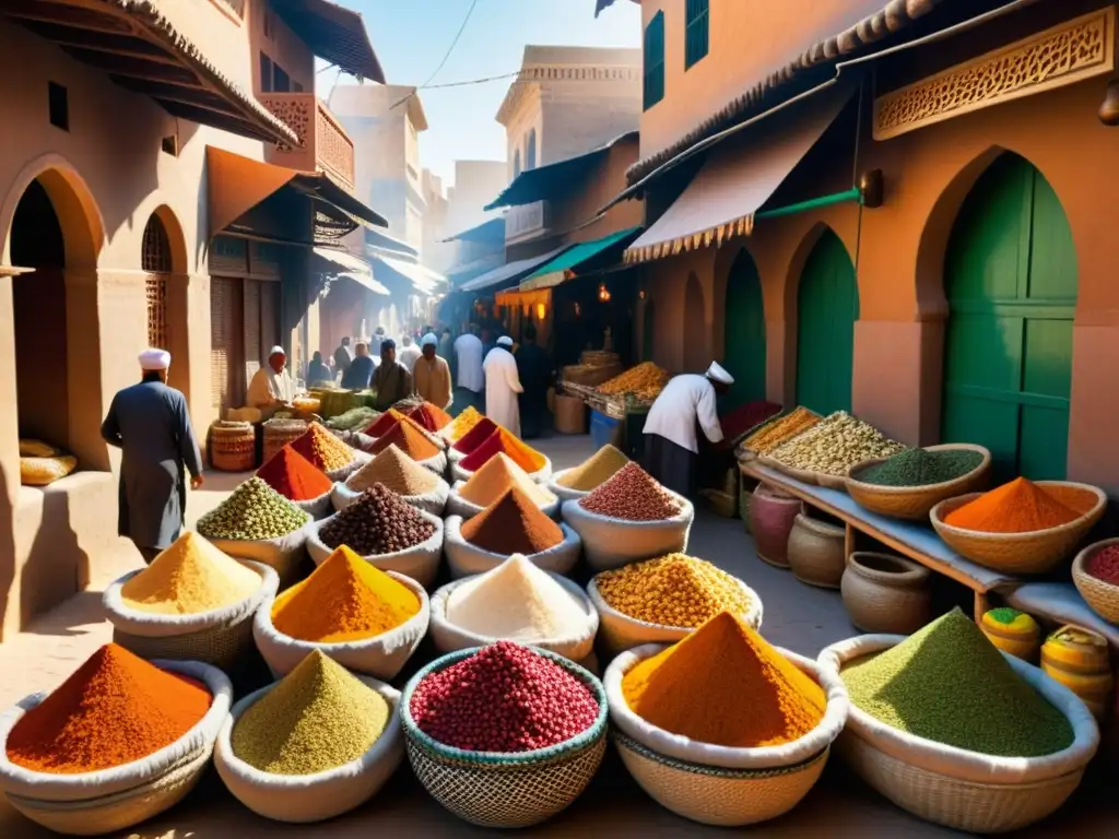 Viaje culinario mundo islámico: Mercado de especias vibrante en Medio Oriente, colores, aromas y texturas capturando su esencia