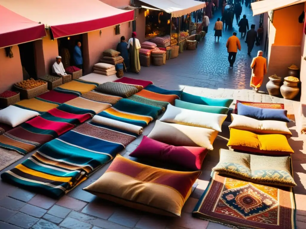 Viaje cultural Marruecos historia: Mercado bullicioso en Marrakech con textiles y especias vibrantes, sombras profundas y calles empedradas