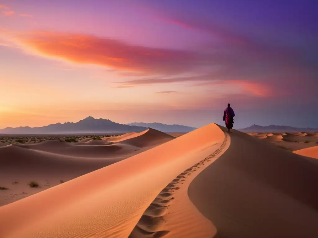 Un viaje espiritual en el desierto al atardecer evoca la meditación islámica y el Sufismo con una figura solitaria caminando