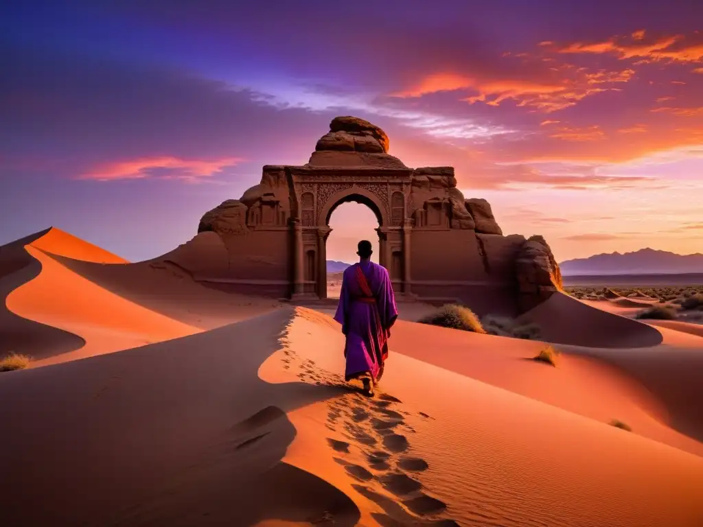 Viaje poético misticismo sufí: Imagen realista del desierto al atardecer con colores vibrantes y una figura contemplativa ante una puerta antigua