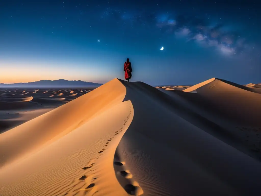 Un viaje poético místico en el desierto: un solitario contempla el cielo estrellado bajo la luz de la luna, vestido con coloridas túnicas