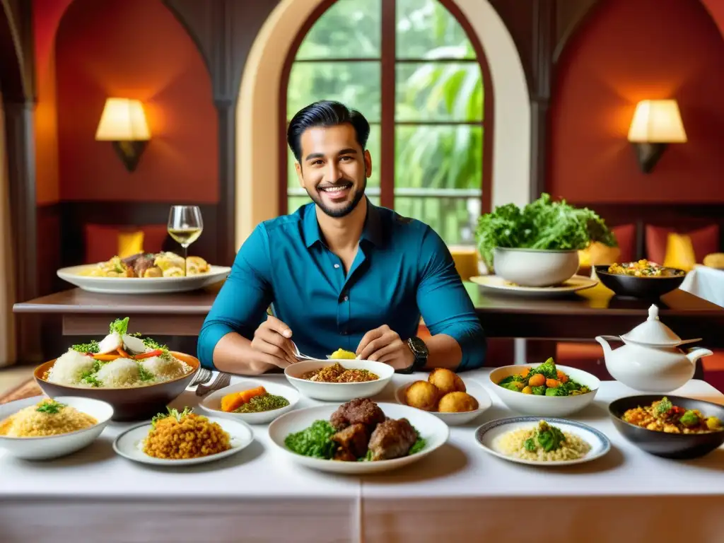 Viajero disfrutando de comida halal en mesa elegantemente puesta, reflejando la diversidad culinaria