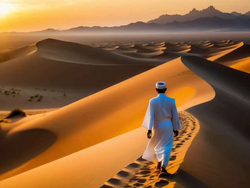 Un viajero camina por el desierto al atardecer, envuelto en un manto blanco