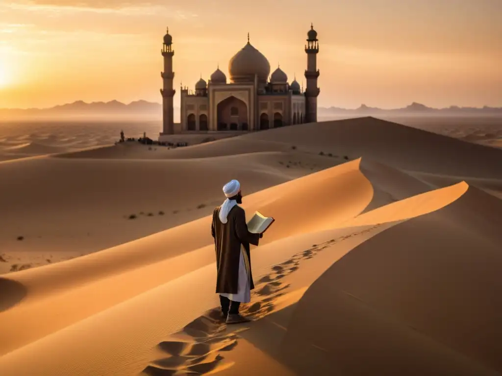 Un viajero musulmán contempla un manuscrito iluminado en el desierto dorado al atardecer, con una antigua mezquita de fondo