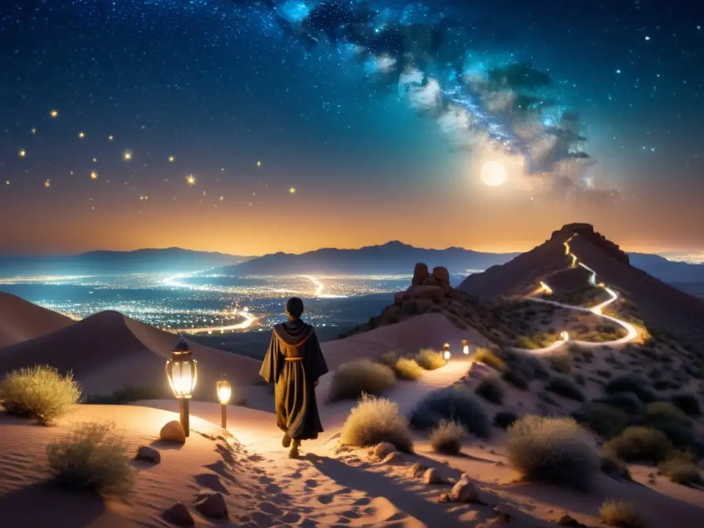 Un viajero solitario camina hacia una ciudad iluminada en una noche estrellada en el desierto, evocando la narrativa sufí en 'Las mil y una noches'