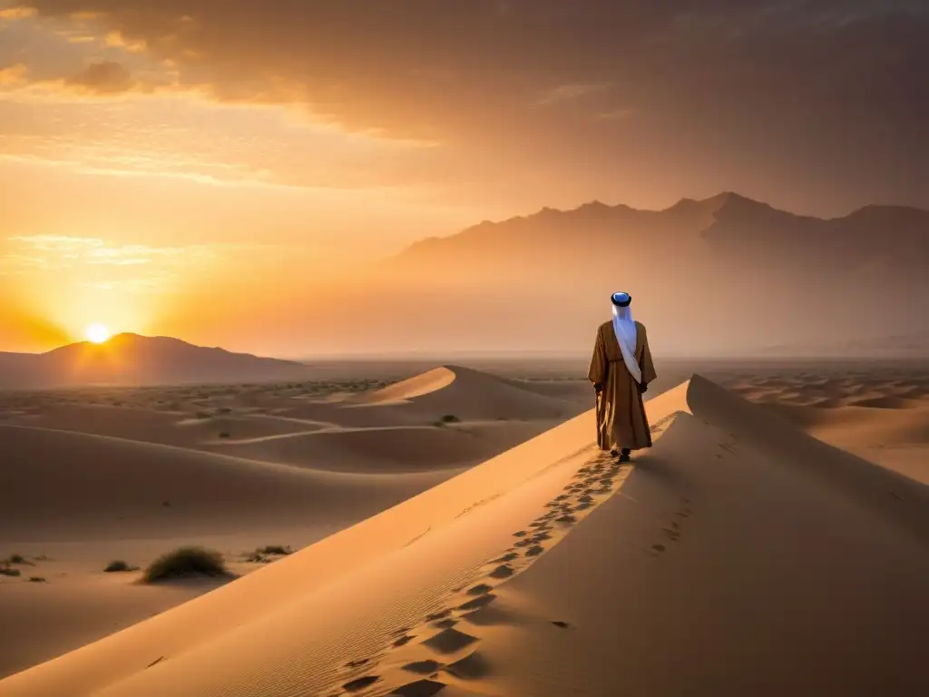 Un viajero solitario contempla el desierto al atardecer, evocando la poesía de la nostalgia en el Islam