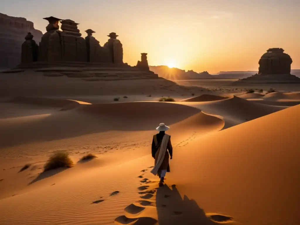 Un viajero solitario contempla elementos preislámicos en la práctica, tallados en una formación de arena al atardecer en el desierto árabe