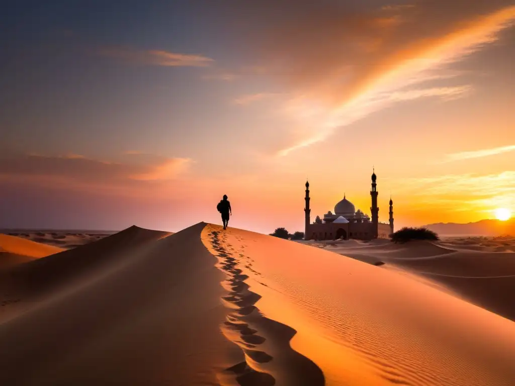 Un viajero solitario camina hacia una mezquita entre dunas al atardecer, creando rutas espirituales Sufismo meditación islámica