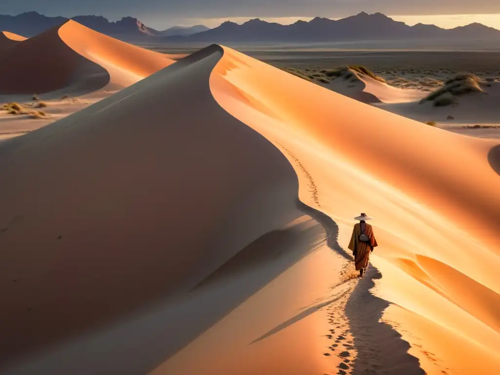 Un viajero solitario camina por un sendero desértico al atardecer, llevando consigo una guía literaria camino del sufí