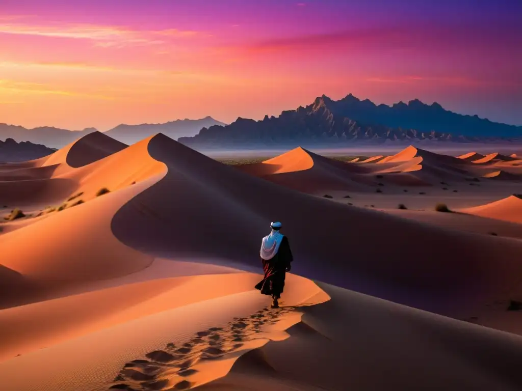 Un viajero solitario en traje Sufi camina por un desierto árabe al atardecer, en medio de la narrativa Sufí de las mil y una noches