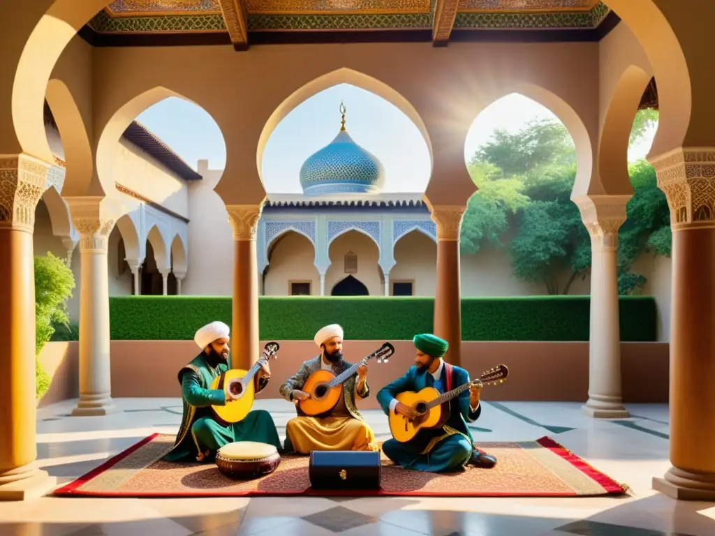 Vibrante actuación de conjunto musical islámico en un patio histórico, con instrumentos tradicionales y arquitectura detallada