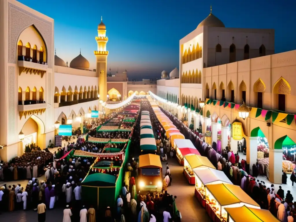 Vibrante celebración del Mawlid alNabi en una bulliciosa calle de una ciudad del mundo islámico