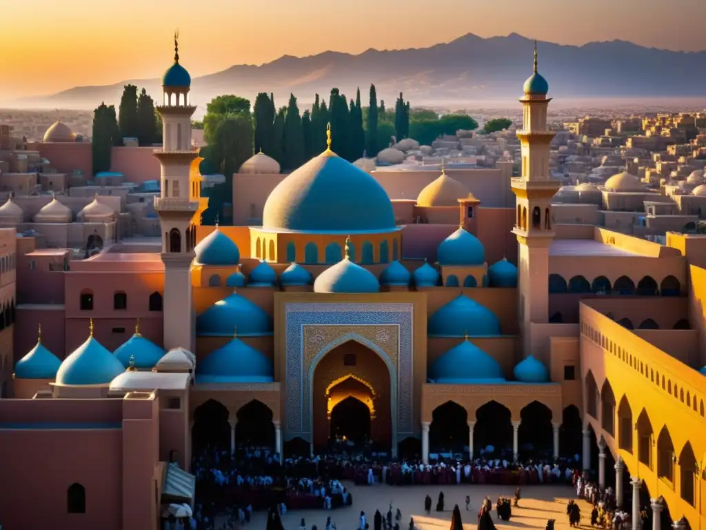 Un vibrante atardecer en la ciudad, con arquitectura islámica e bullicioso mercado, reflejando la Visión de Al-Farabi sobre sociedad ideal