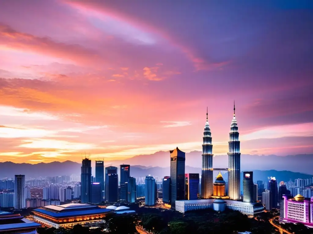 Vibrante atardecer en Kuala Lumpur con la presencia islámica en paisaje urbano