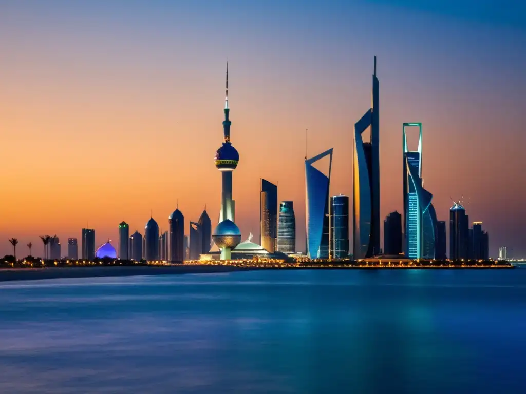 Vibrante Kuwait City al atardecer con las Torres de Kuwait iluminadas y el Golfo Pérsico reflejando el cielo cálido