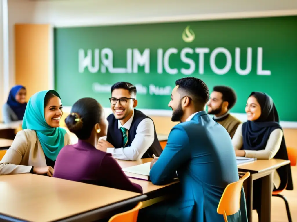 Vibrante aula con estudiantes diversos discutiendo, reflejando la rica diversidad en cursos online sobre culturas musulmanas