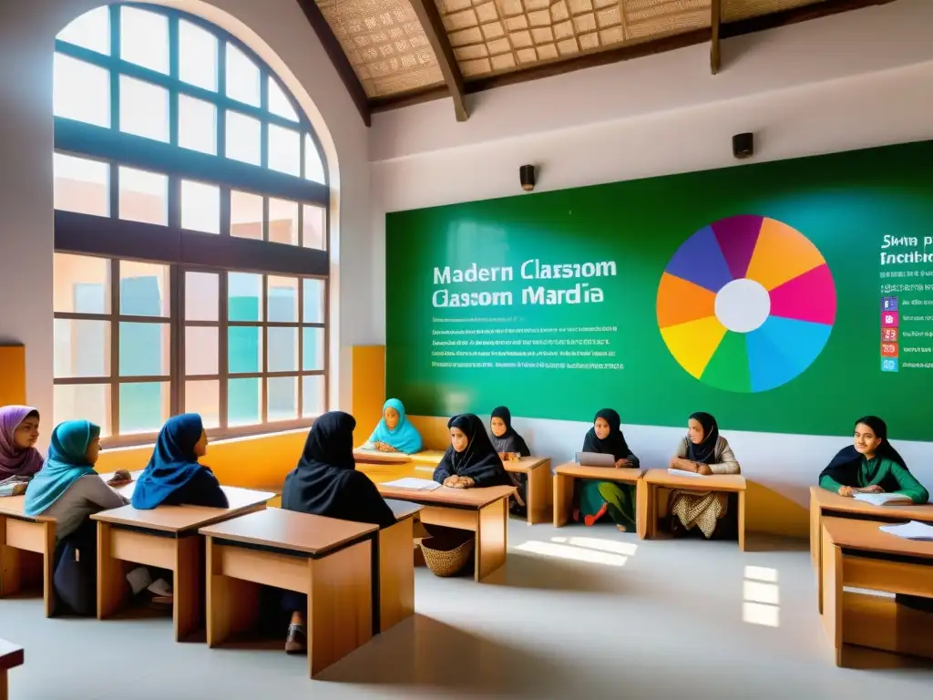 Vibrante aula de madrasa con innovadoras técnicas de enseñanza en un ambiente de colaboración y diversidad