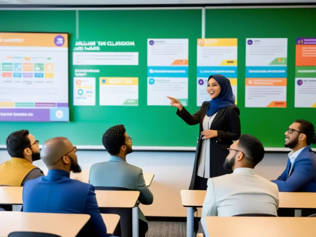 Vibrante aula moderna de educación musulmana elearning con estudiantes participando en animada discusión liderada por el profesor