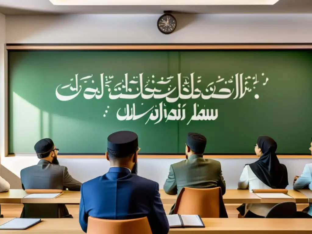 Vibrante aula virtual para comprender la Sharia con estudiantes y arte islámico