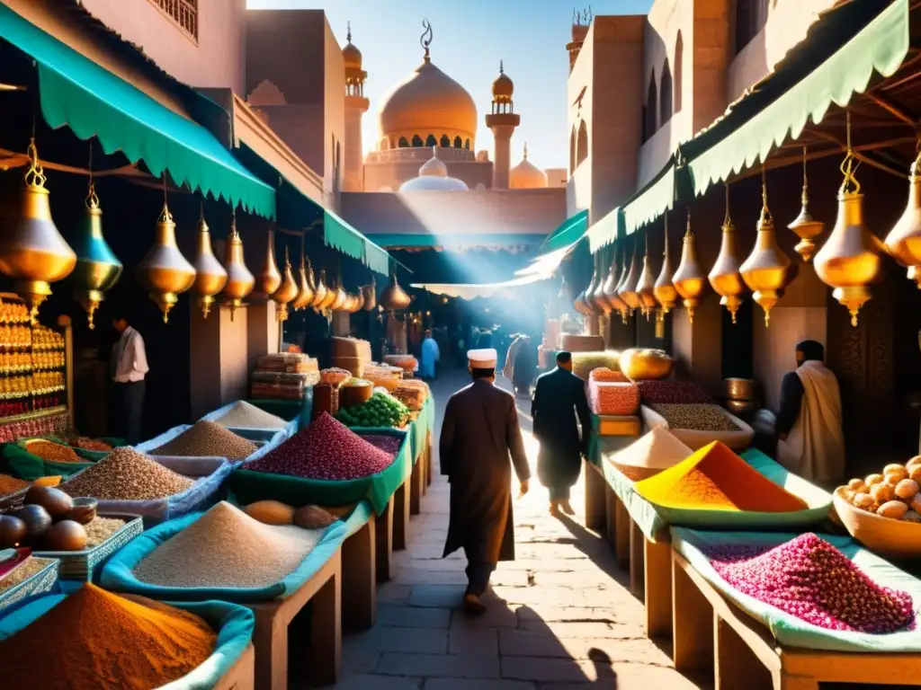 Un vibrante bazar en una bulliciosa ciudad del Medio Oriente, con textiles intrincadamente patrones, especias coloridas y cerámica ornamentada