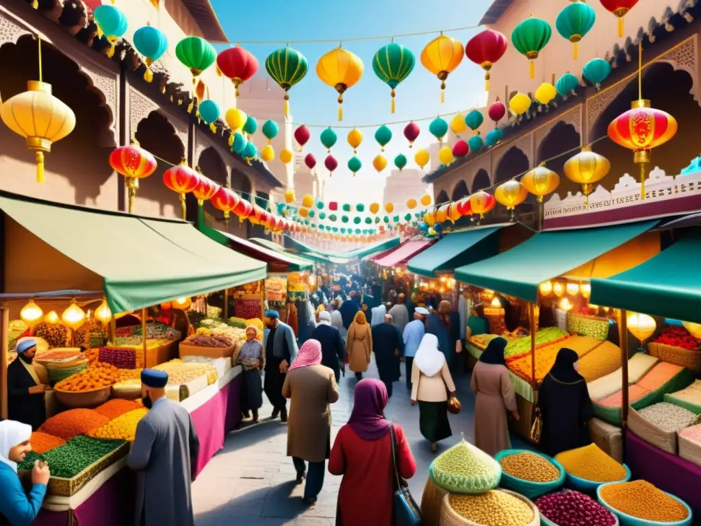 Vibrante ilustración de un bullicioso mercado en una ciudad del Medio Oriente durante el Año Nuevo Islámico Hijri: Tradiciones y celebraciones