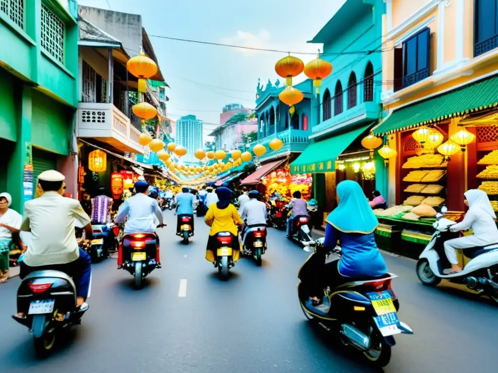 Vibrante calle en Ho Chi Minh con arquitectura tradicional vietnamita e islámica, reflejando la creciente comunidad musulmana en Vietnam