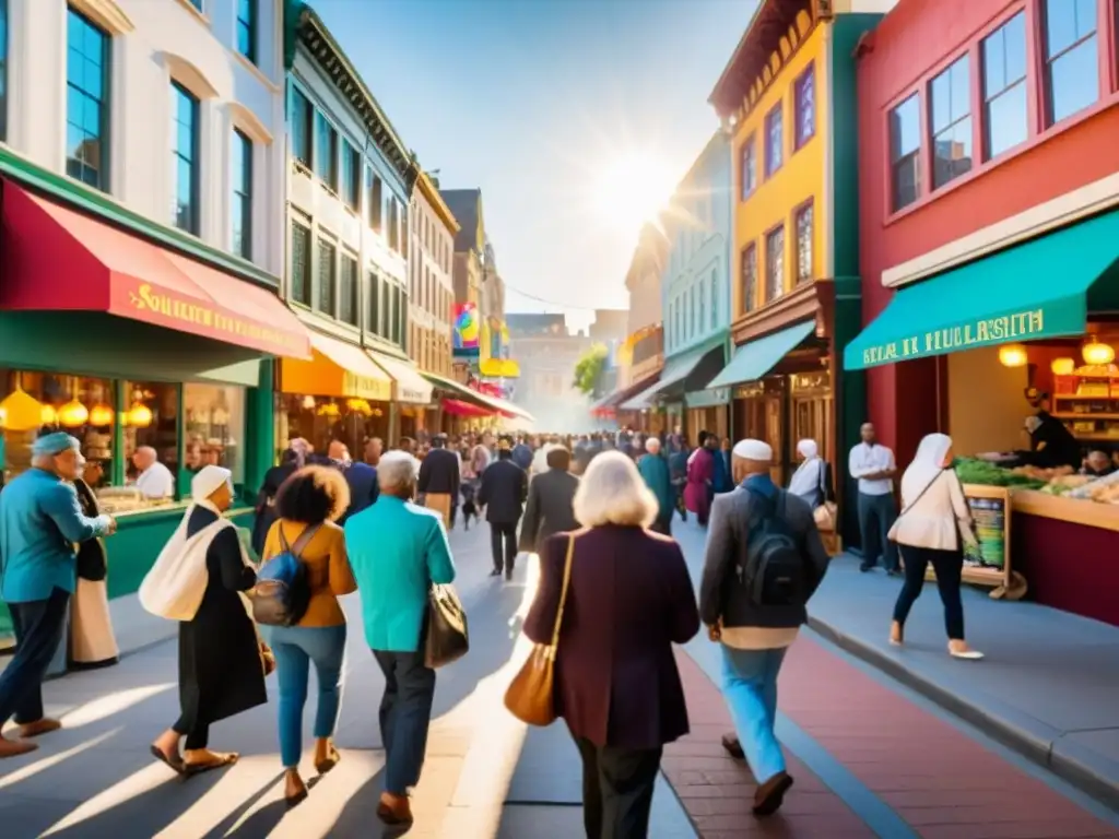 Vibrante calle de ciudad, diversidad cultural, convivencia armoniosa, diáspora islámica América diversidad fe