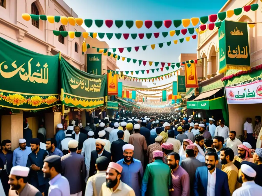 Vibrante calle de ciudad islámica durante celebraciones Mawlid alNabi, con banners y decoraciones tradicionales