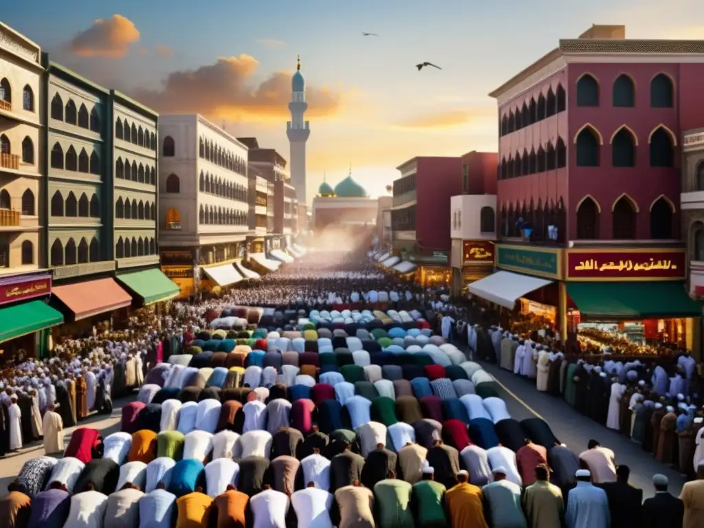 Adhan al atardecer: vida urbana en un país musulmán Vibrante calle de una ciudad musulmana, con el impacto del Adhan en vida cotidiana palpable en la escena al atardecer