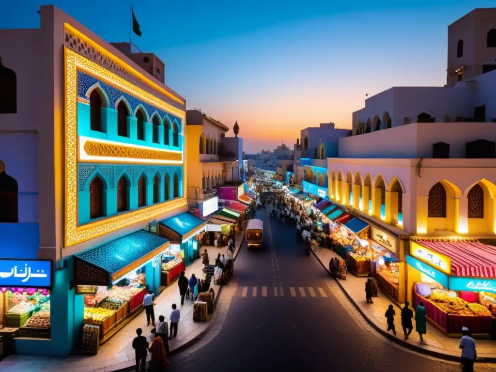 Vibrante calle de una ciudad del Medio Oriente al anochecer, con luces coloridas iluminando los estrechos callejones y puestos de mercado