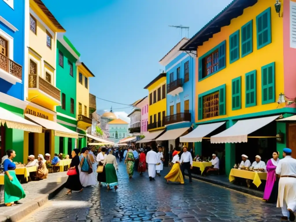 Vibrante calle en Brasil con fusión cultural islámica, edificios coloridos y gente animada