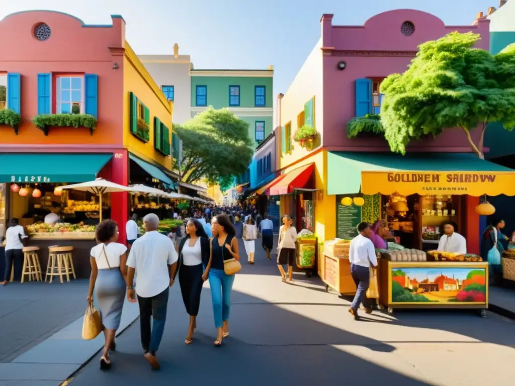 Una vibrante calle de una diversa vecindad, con personas de diferentes etnias y culturas conviviendo en armonía