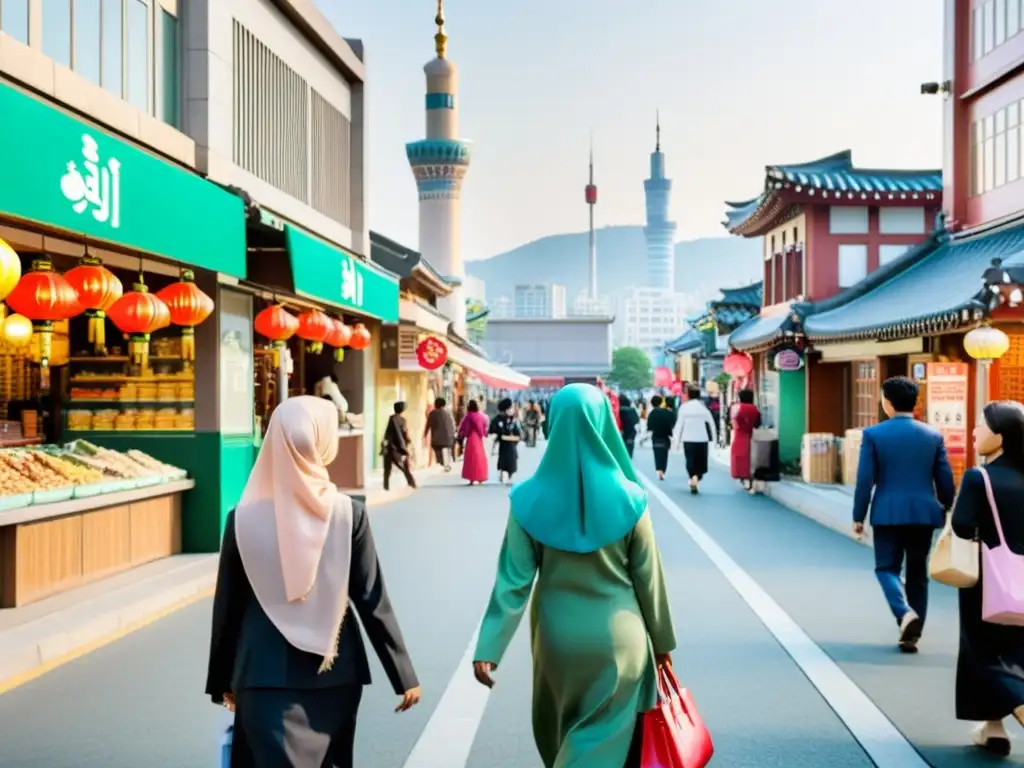 Vibrante calle en Seúl con diversidad cultural y crecimiento de la minoría islámica en Corea del Sur