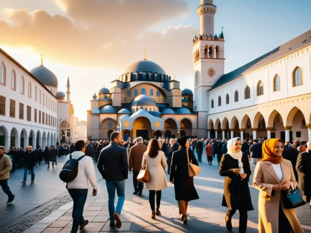 Vibrante calle europea con diversidad cultural, reflejando la coexistencia musulmana en Europa del Este en una atmósfera armoniosa al atardecer