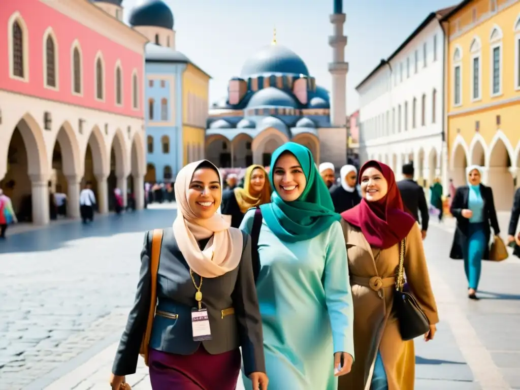 Vibrante calle europea con diversidad de personas, incluyendo mujeres musulmanas en hijabs, reflejando la presencia musulmana en Europa moderna