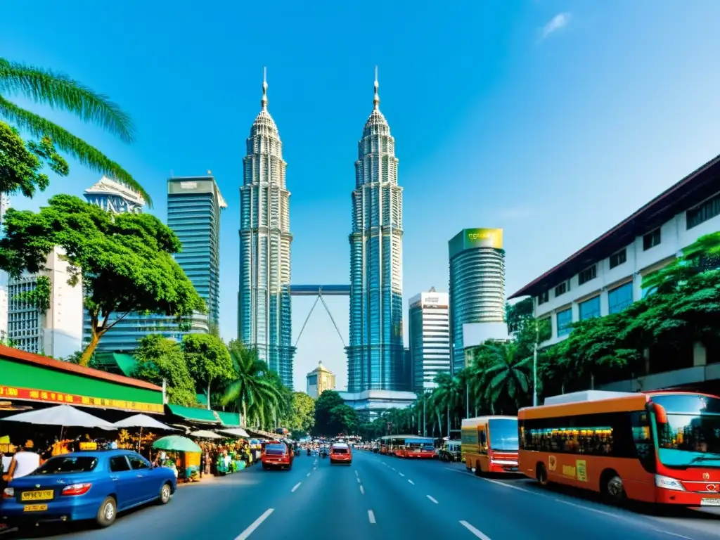 Vibrante calle de Kuala Lumpur con las icónicas Torres Petronas y exuberante vegetación