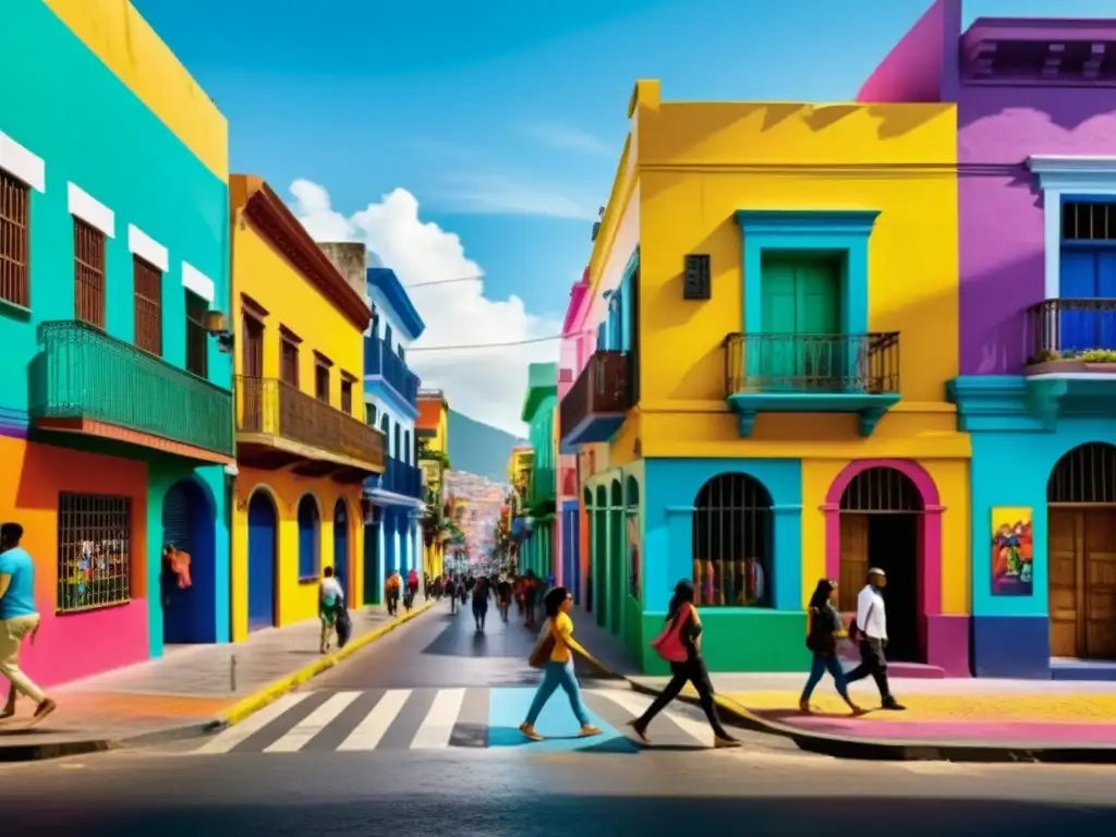 Vibrante calle latinoamericana con diversidad de personas y coloridos edificios, reflejando la multiculturalidad