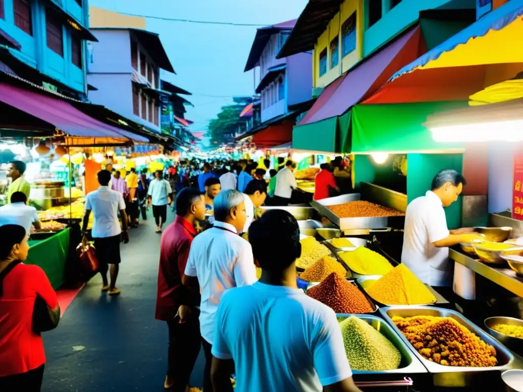 Vibrante calle de Little India en Kuala Lumpur, llena de puestos de comida halal y aromas de especias