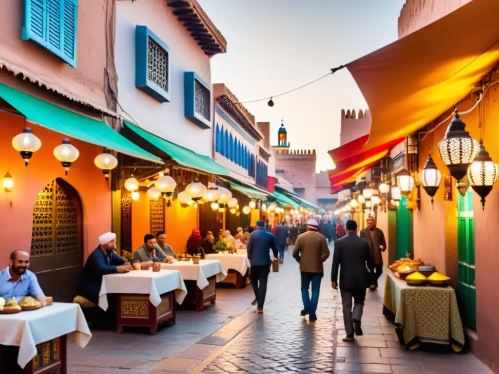 Vibrante calle de la Medina en Marrakech con auténticos restaurantes Halal