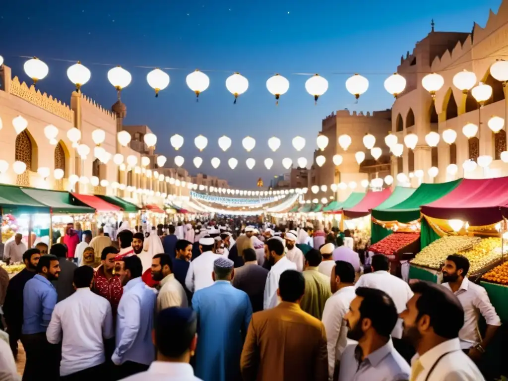 Vibrante calle nocturna durante la celebración de Eid alMawlid en diferentes culturas